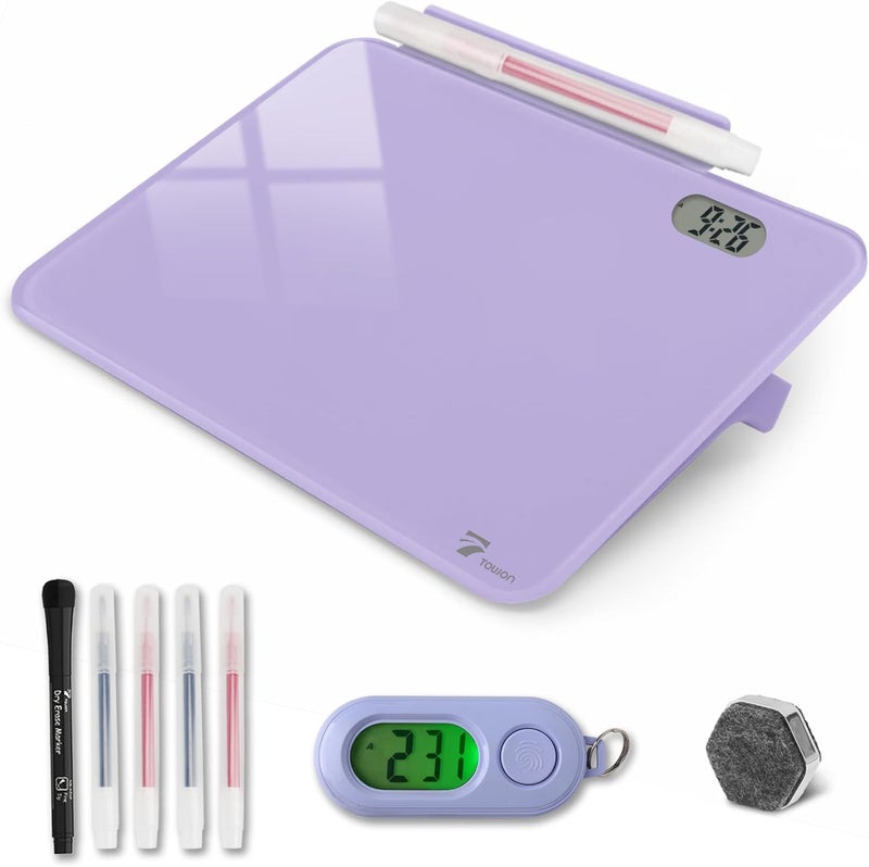 TOWON Small Glass Desk Whiteboard Dry-Erase Board with Clock, Small Travel Clock Keychain with Desk Notepad, Time Table Whiteboard for Desk Digital LED Light Display, 8x6 in with Accessories, Purple - Image 1